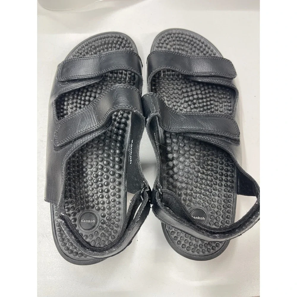 Kenkoh Massage Sandals Mens 11 Black Leather Reflexology Strappy Slides 2312